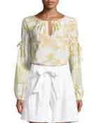 Outlined Painted Floral Silk Peasant Blouse