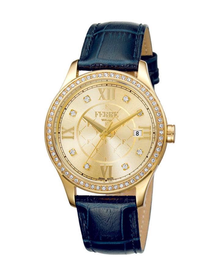 Women's 36mm Stainless Steel Three-hand Date Glitz Watch With Leather Strap, Golden/blue