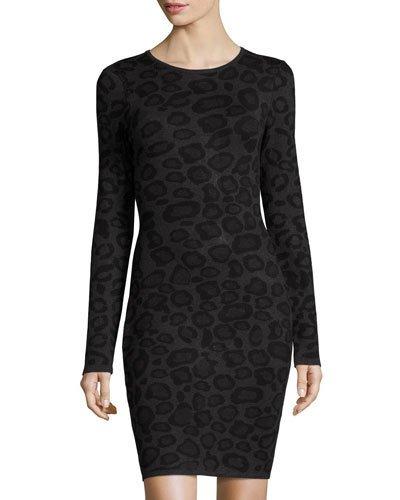 Leopard-print Long-sleeve Knit Dress, Gray