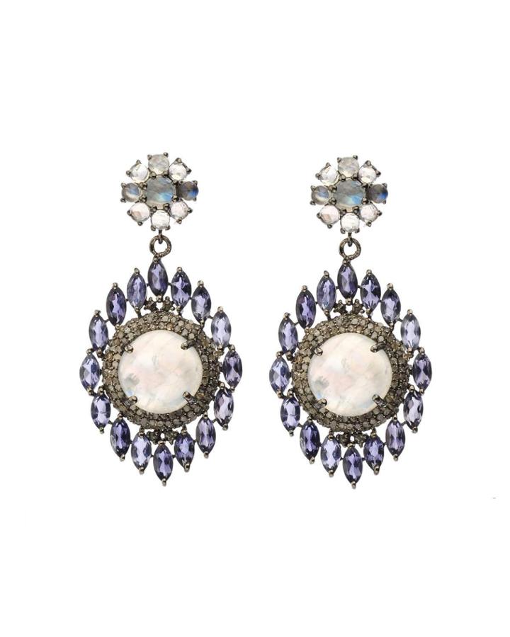 Silver Drop Earrings With Diamonds, Iolite & Rainbow