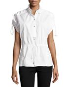 Short-sleeve Half-button Drawstring Cotton Top