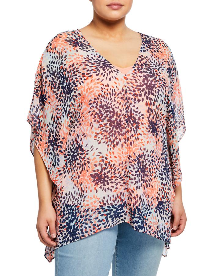 Plus Size Chiffon-overlay Contrast-lining Blouse