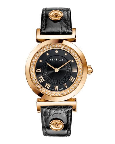 35mm Vanity Round Watch W/ Diamond Bezel & Leather Strap, Rose Golden/black
