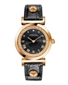 35mm Vanity Round Watch W/ Diamond Bezel & Leather Strap, Rose Golden/black