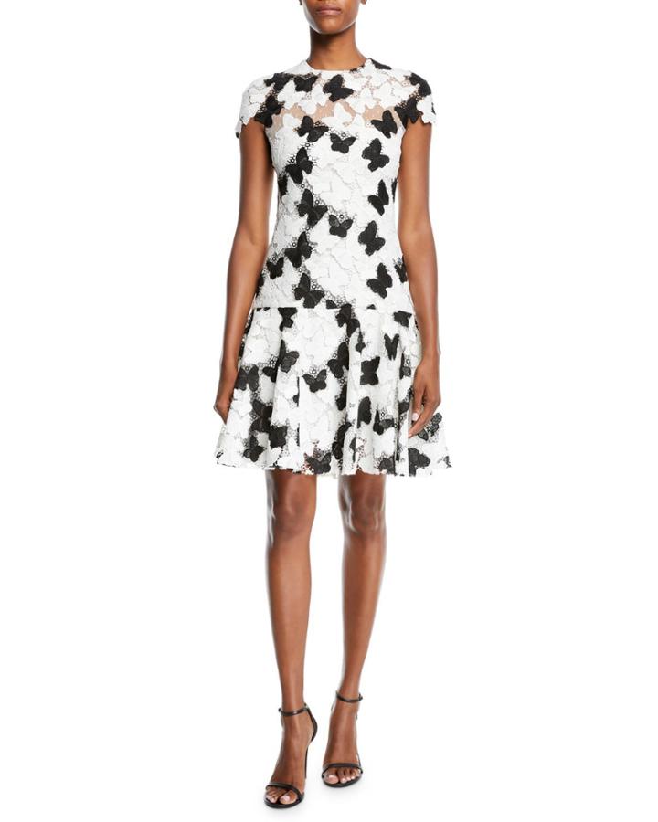 Butterfly Guipure Lace Cap-sleeve Flounce Dress