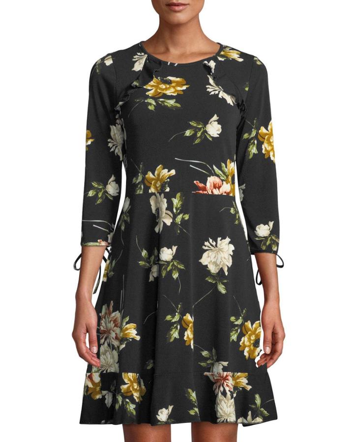 Floral-print Shoulder Ruffle A-line Dress