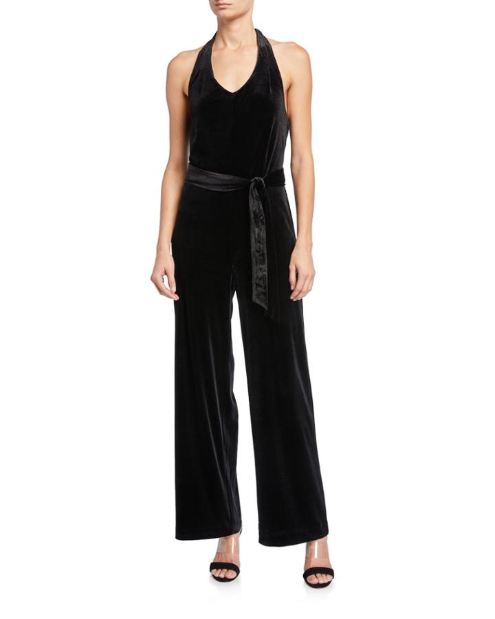 Velvet Burnout Halter Jumpsuit With Belt