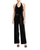 Velvet Burnout Halter Jumpsuit With Belt