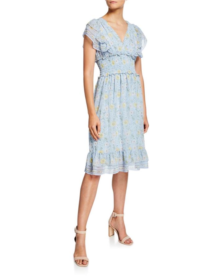 Floral Smocked-waist Flutter-sleeve Ruffle Dress