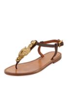 Flat Leather Thong Sandals With Gryphon Ornament