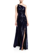 Sequin One-shoulder Gown With Ruched Bodice