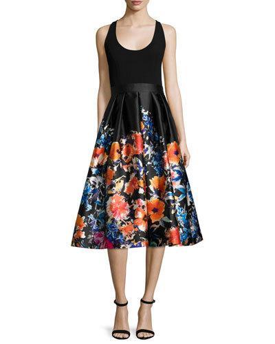 Sleeveless Combo Floral Midi Cocktail Dress