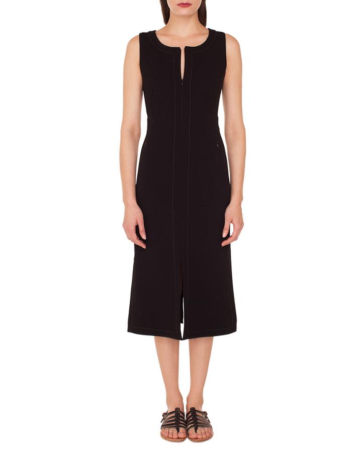 Sleeveless Round-neck A-line Stretch-wool Midi Dress With Topstitching