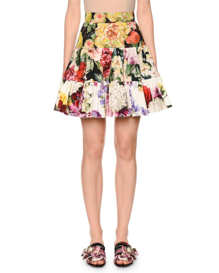 Tiered Floral-patchwork Poplin Flare