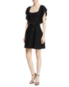 Square-neck Ruffle-sleeve Knit Dress
