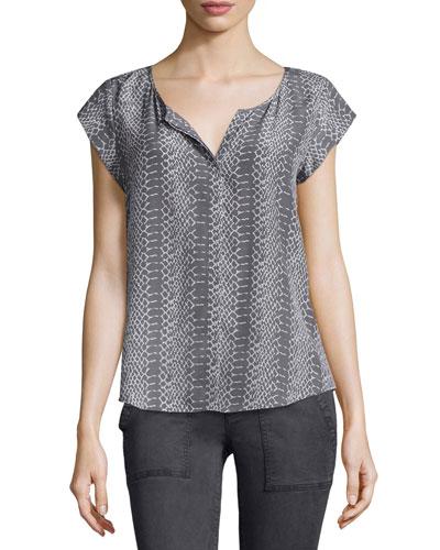 Iva Snake-print Split-neck Top, Steel/porcelain