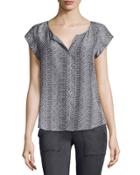 Iva Snake-print Split-neck Top, Steel/porcelain