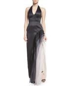 Satin Tiered Ombre Chiffon Halter Gown, Black/vapor
