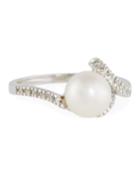14k White Gold Curved Diamond & Pearl Ring,