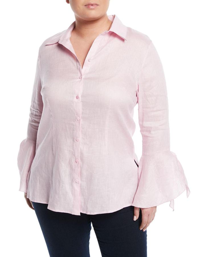 Linen Tie-sleeve Button-front Blouse,