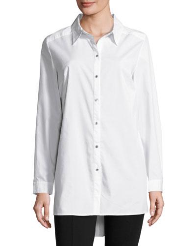 Spread-collar Long-sleeve Long Blouse, White