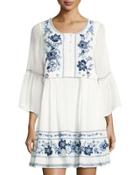 Sunshine Bloom Long-sleeve Gypsy Dress, White/blue