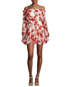 Poppy Floral Off-the-shoulder Silk Mini Dress, Red/white