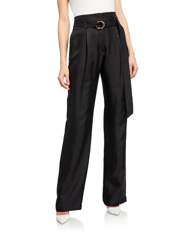 Belted High-waist Silk Twill Pants, Black