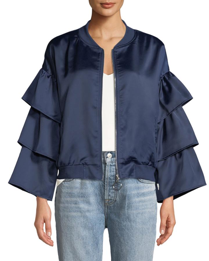 Tiered-ruffle-sleeve Satin Bomber Jacket