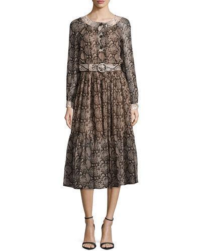Long-sleeve Snake-print Peasant Dress, Taupe