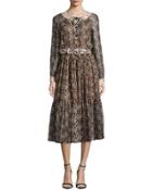 Long-sleeve Snake-print Peasant Dress, Taupe