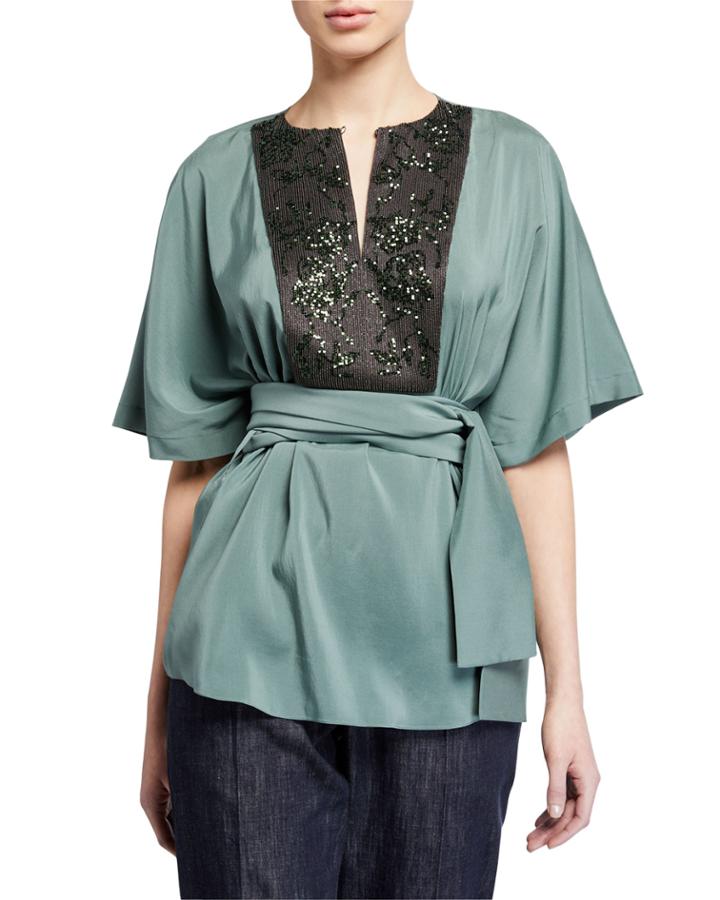 Sequin Floral-embroidered Bibbed Kimono Blouse