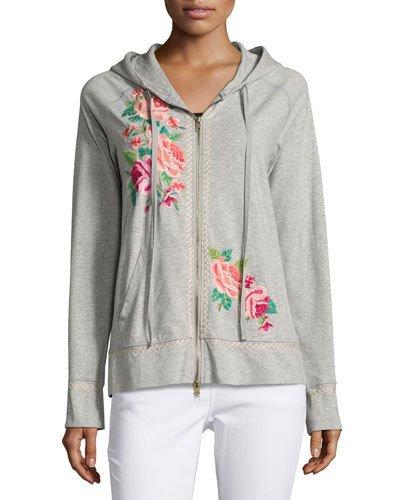 Floral-embroidered Raglan Zip Hoodie, Gray