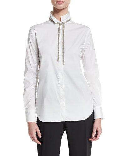 Monili-tie Long-sleeve Poplin Blouse, White