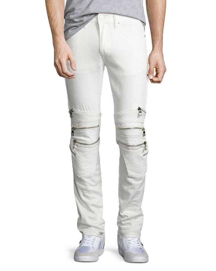Chain Biker Skinny Jeans, White