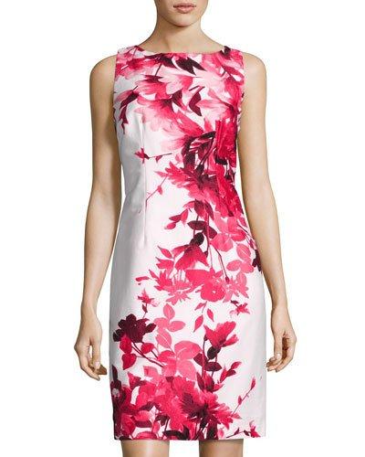 French-dart Floral-print Sheath Dress, Red Pattern
