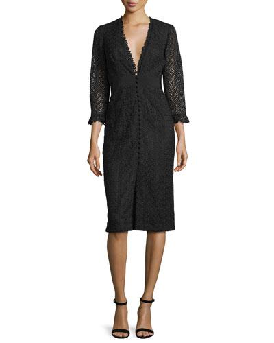 3/4-sleeve Lace Button-front Sheath Cocktail Dress