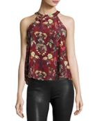 Floral-print Halter Tie Top, Dark Red