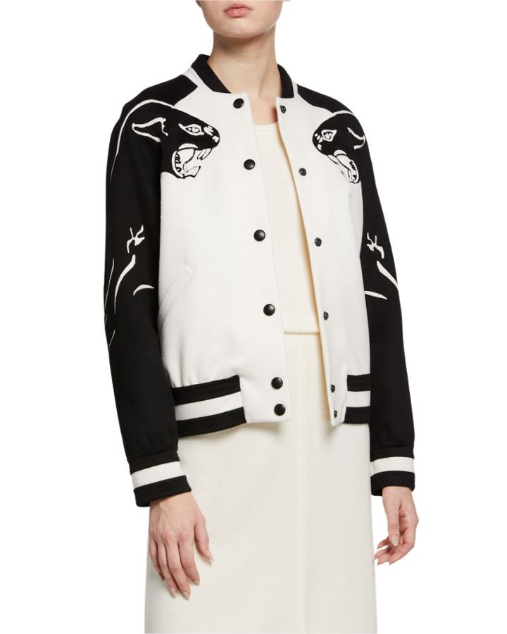 Embroidered Wool/cashmere Leather Button Baseball Jacket