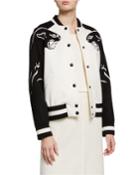 Embroidered Wool/cashmere Leather Button Baseball Jacket