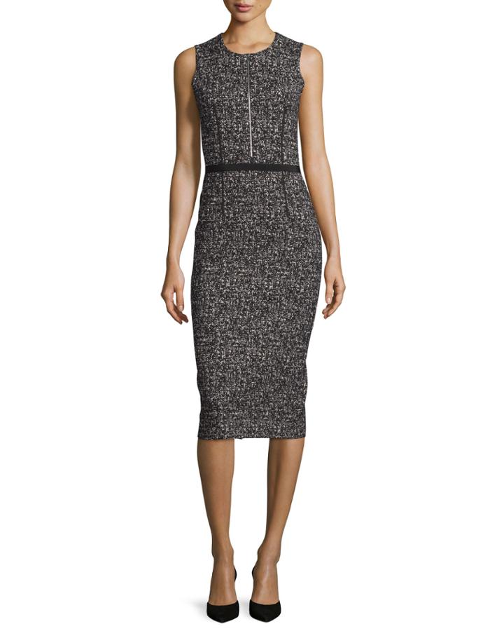 Sleeveless Tweed Zip-front Sheath Dress, Black