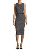 Sleeveless Tweed Zip-front Sheath Dress, Black