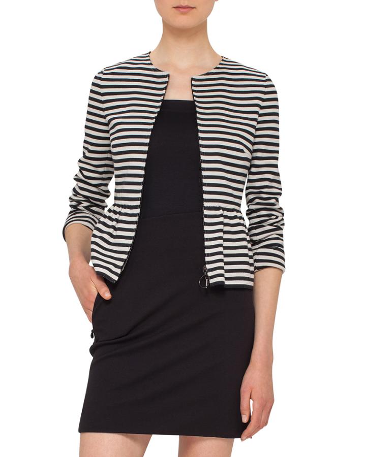 Striped Peplum Zip Jacket, Black/cream