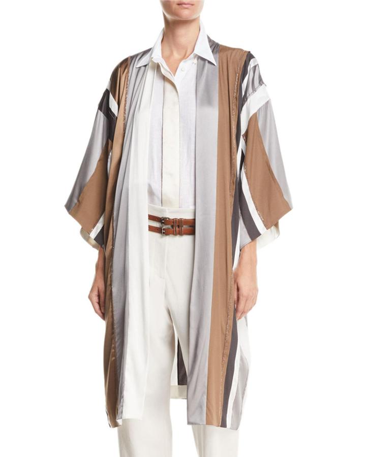 Monili-beaded Belted Striped-silk Kimono Cardigan