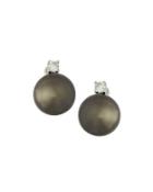 14k White Gold Black Pearl & Diamond Earrings,
