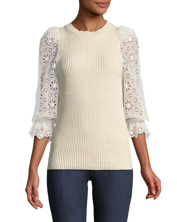Eyelet-sleeve Knit Crewneck Pullover