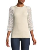 Eyelet-sleeve Knit Crewneck Pullover