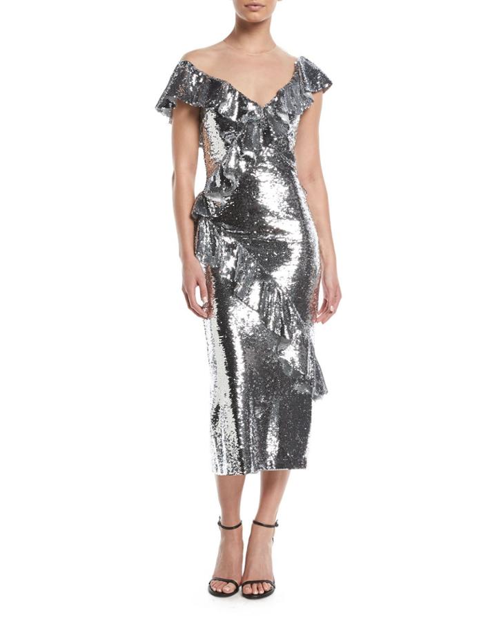 Illusion-neck Slim Tea-length Cocktail Dress W/asymmetric Ruffle Detail