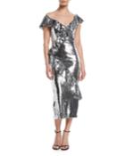 Illusion-neck Slim Tea-length Cocktail Dress W/asymmetric Ruffle Detail