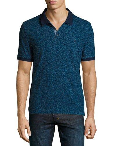 Leaf-print Short-sleeve Polo Shirt, Dark Blue